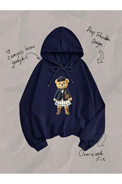 ZEMLİYA Hanorac albastru cu glugă – Imprimeu cu ursuleț de pluș, mânecă lungă...