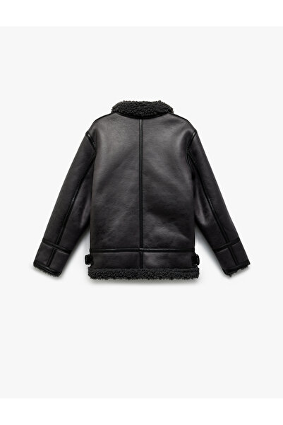 Koton Long Sleeve Plush Collar Detailed Pocket Zippered Leather Jacket