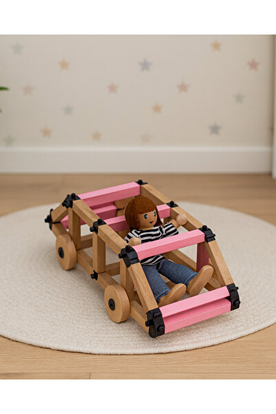 Woodika Toys Woodika Ahşap Pembe Araba Yapım Seti - Hareketli Tekerlekli Eğit...