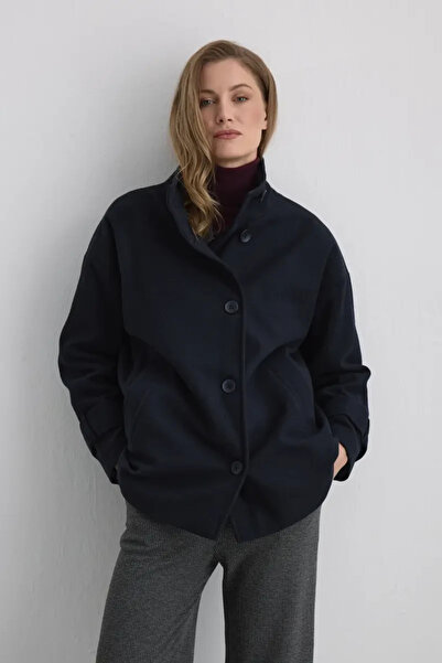 Gusto Mock Neck Wool Coat - Navy Blue