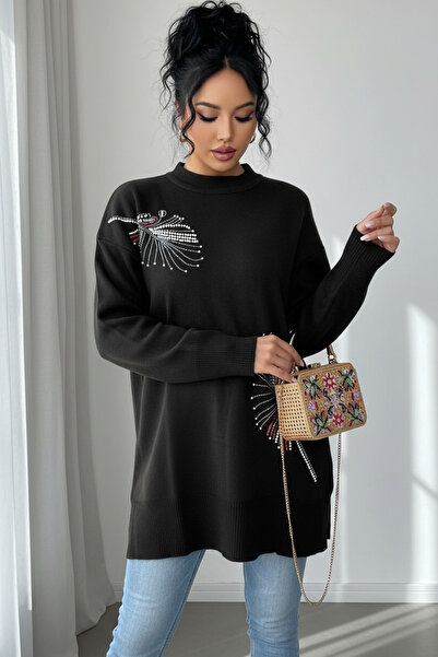 NEWCO Stone Printed Leaf Themed Knitwear Tunic Sweater with Side Slit Detail