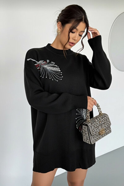 NEWCO Stone Printed Leaf Themed Knitwear Tunic Sweater with Side Slit Detail