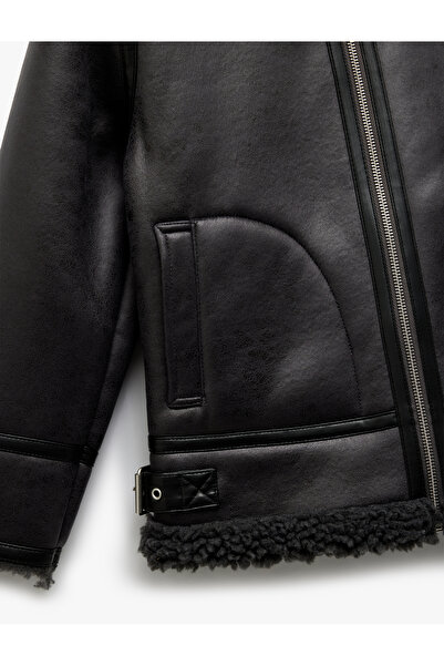 Koton Long Sleeve Plush Collar Detailed Pocket Zippered Leather Jacket