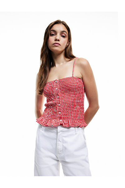 Koton Gipeli Buttoned Ruffled Slim Fit Gingham Crop Blouse with Rope Straps