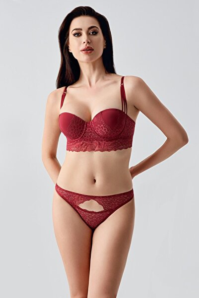 cotonhause Set sutien bustieră din dantelă bordeaux fără susținere pentru fem...