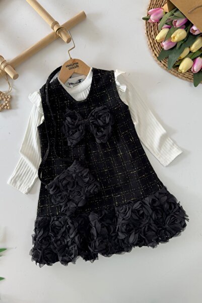 Minigimin Cicileri Miniğimin Cicileri Пола с розови детайли и чанта, момичешка туид рокля - черна