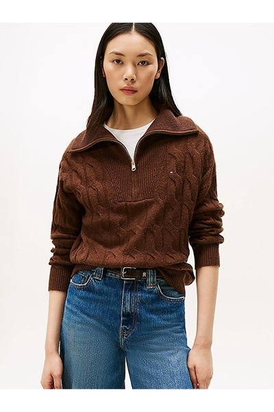 Tommy Hilfiger SOFT WOOL CABLE 1/2 ZIP LS SWT Kadın Kahverengi Sweatshirt - WW0WW46425