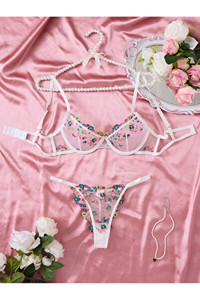 Sthxyfaith Womens 2 Piece Sexy Cute Underwire Push Up Strappy Heart Embroidered Mesh Sheer Lingerie Set