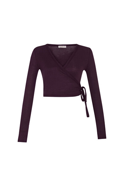 AQUELLA Maysa Double-Breasted Plum Ribbed Knit Cardigan