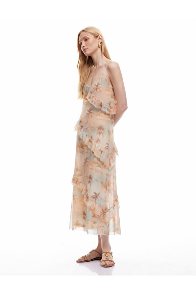 Koton Lined Palm Tree Patterned Midi Length Thin Strap Ruffle Dress