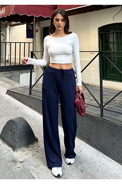 BEJNA Women's Ribbed Detailed Soft Modal Textured Straight Cut Pants