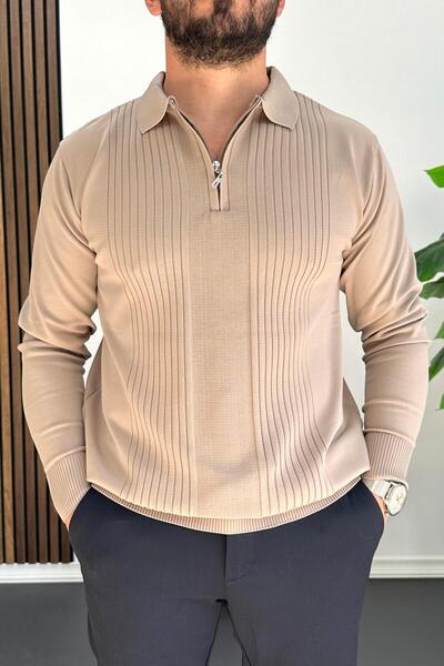 Edwox Men's Striped Pattern Regular Fit Sweater Mink Edw422