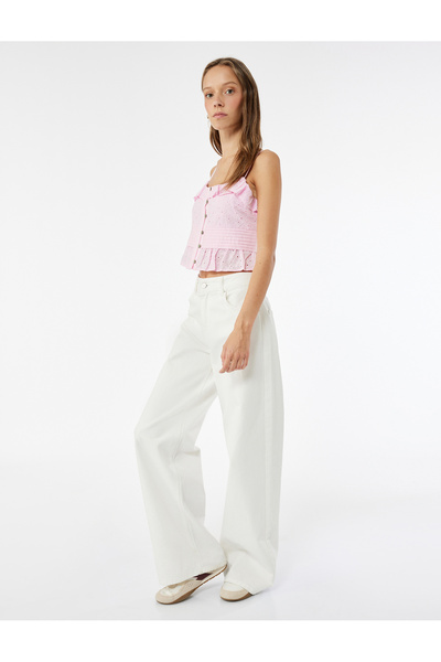 Koton Cotton Sleeveless Ruffled Neck Buttoned Embroidered Crop Blouse