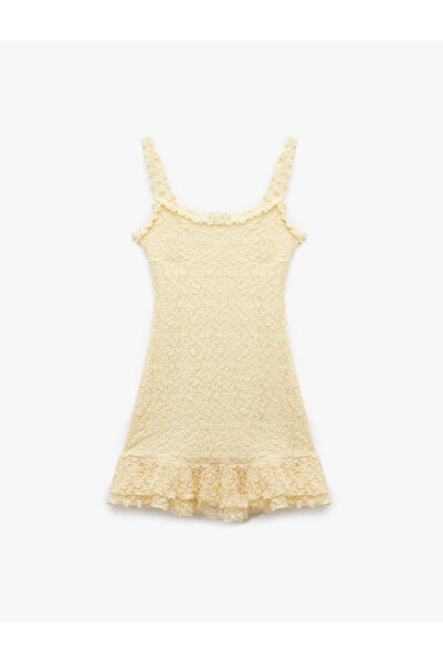 Koton Square Neck Sleeveless Ruffle Detail Lace Mini Dress