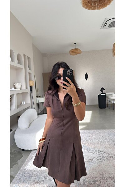 Buket Teke Φόρεμα κιλόσερ με καφέ σουέτ γιακά