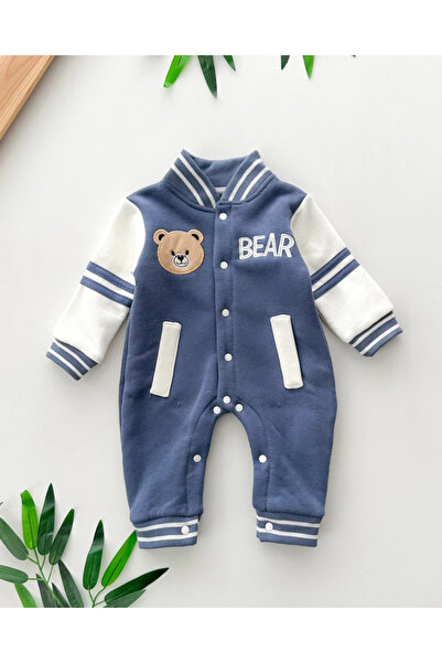 hümabebe Bear Printed Pocket Detailed Boy's Winter Overalls with Snap Fasteners Fleece-Lined
