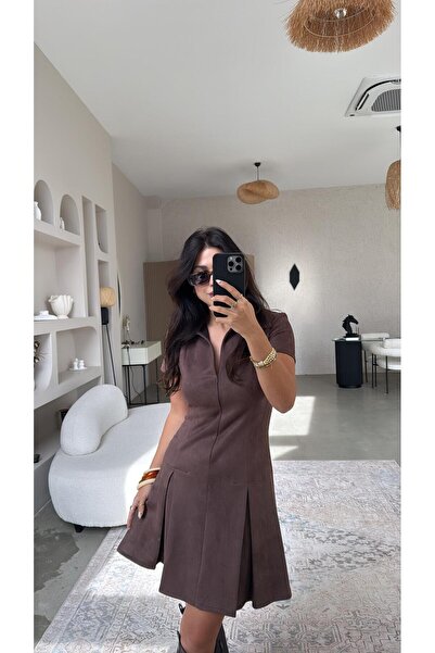 Buket Teke Φόρεμα κιλόσερ με καφέ σουέτ γιακά