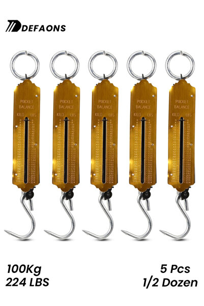 DEFAONS ميزان ميكانيكي معلق محمول بسعة 100 كجم/224 رطل مع خطاف للاستخدام في الهواء الطلق والسوق والمنزل، 5 قطع