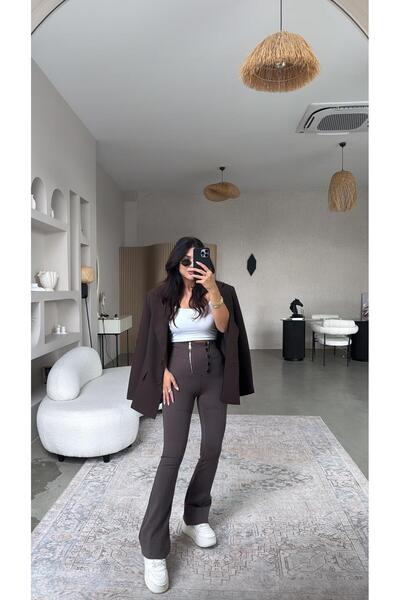 Buket Teke Καφέ Push Up Ατσάλινο Παντελόνι με Αξεσουάρ Ασημί και Φερμουάρ