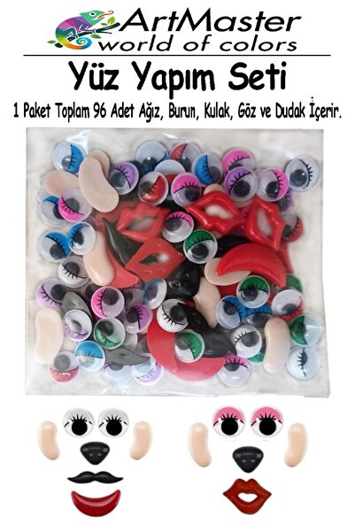 Artmaster Yüz Yapım Seti Renkli Oynar Göz 12 mm 96 Lı 1 Paket Ağız Kulak Buru...