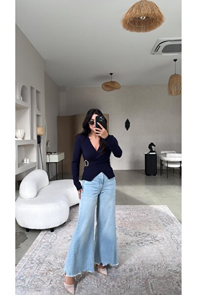 Buket Teke Blugi originali cu ciucuri la gleznă, albastru gheață