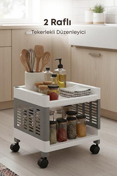 grimorlife 2 Raflı Tekerlekli Plastik Organizer Sepet - Mutfak Banyo Düzenley...