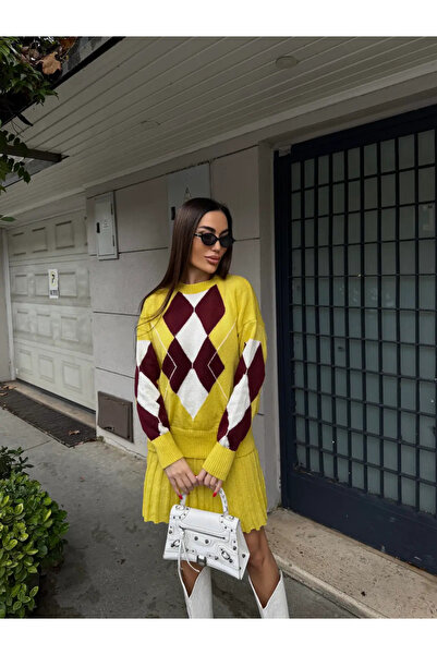 TRUVAKAR Kadın Salaş Oversize Bisiklet Yaka Baklava Desenli Triko Kazak Ve Pi...