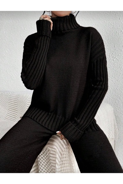 NEWCO Women's Corded Fabric Collar Hair Knit Patterned Side Slit Knitwear Set Anthracite