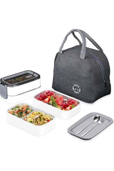VOGMAX Stainless Steel Insulated Bento Lunch Box with 2 Compartments & Tableware (Grey)