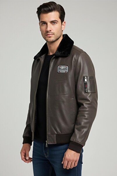 Deriderim Brown Top Gun Men's Genuine Leather Fur Collar Pilot Jacket