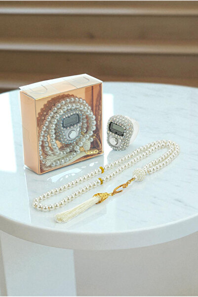 ihvan online Gift Stone Zikirmatik and 99 Pearl Prayer Beads Set in Box - White