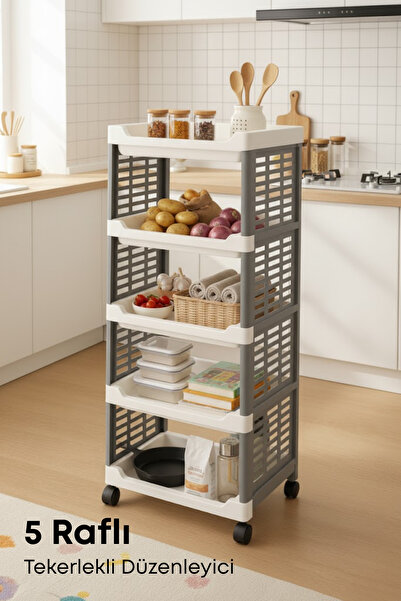 grimorlife 5 Raflı Tekerlekli Plastik Organizer Raf Mutfak Banyo Düzenleyici ...