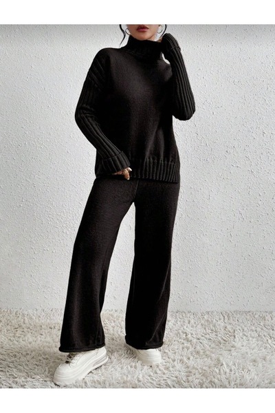 NEWCO Women's Corded Fabric Collar Hair Knit Patterned Side Slit Knitwear Set Anthracite