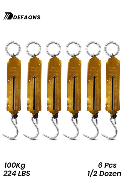 DEFAONS ميزان ميكانيكي معلق محمول بسعة 100 كجم/224 رطل مع خطاف للاستخدام في الهواء الطلق والسوق والمنزل، 6 قطع