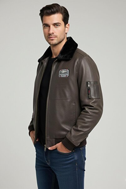 Deriderim Brown Top Gun Men's Genuine Leather Fur Collar Pilot Jacket