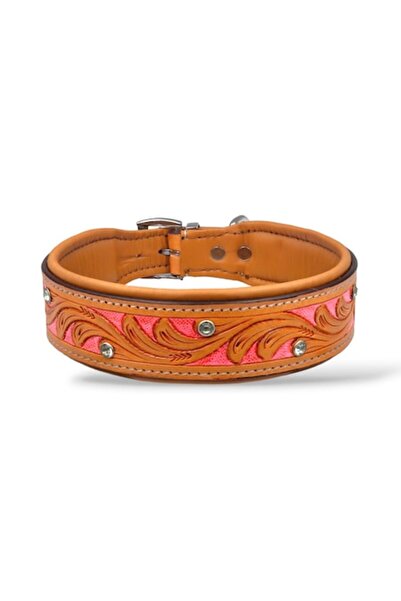 SK9 Carving-1 Pink Hand-Carved Leather Dog Collar, 41-49 cm, 4.5 cm width, M