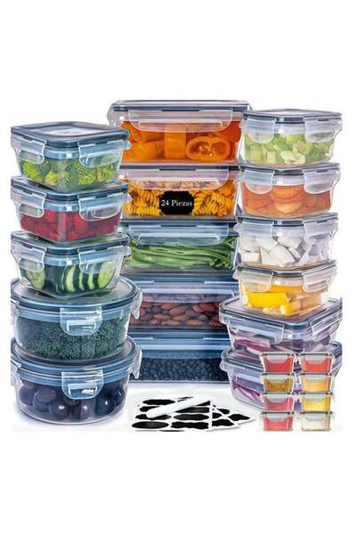 VOGMAX عبوة من 24 حاوية تخزين طعام محكمة الإغلاق مع أغطية، علب تخزين شفافة