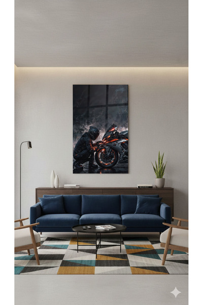 BLT DİZAYN Black Helmeted Biker Glass Painting