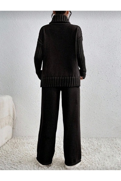 NEWCO Women's Corded Fabric Collar Hair Knit Patterned Side Slit Knitwear Set Anthracite