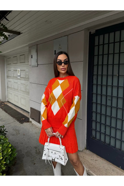 TRUVAKAR Kadın Salaş Oversize Bisiklet Yaka Baklava Desenli Triko Kazak Ve Pi...