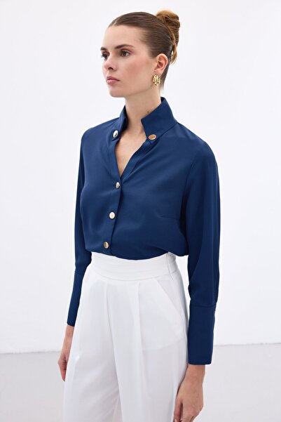 Sateen Snap Detailed Shirt - Indigo