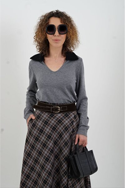 Zelish My Sister Pulover cu guler special în față gri închis