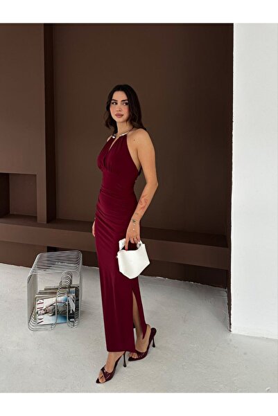 fiolin Slit Evening Dress with Accessory Detail