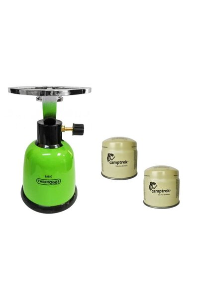Camptrek موقد غاز كامبر + 2 خرطوشة غاز (ثلاثة ألوان: أخضر، بيج، وأزرق)