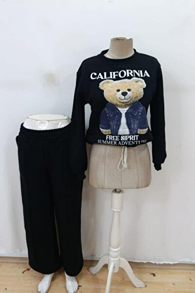 Mossta Crew Neck Patterned Fleece-Lined Blouse Pants Two-Piece Set - Black