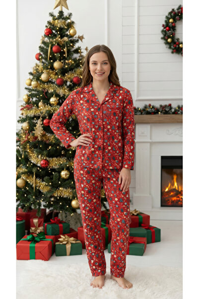rindahomewear Women's Christmas Themed Patterned Soft Textured Suede Knitted Pajama Set