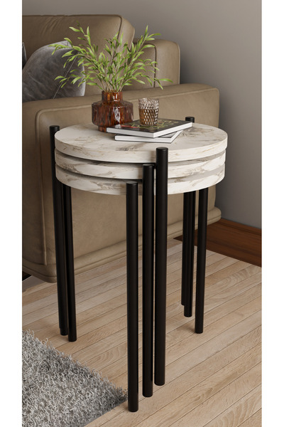 alpaevmobilya 3'lü Yuvarlak Zigon Sehpa Seti | Metal Ayaklı Salon Oturma Odas...