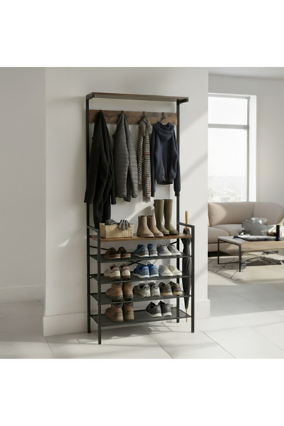 zola Industrial hallway coat rack, 5 hangers, 4 shoe racks, 2 shelves, 183.5 x 31.5 x 68 cm