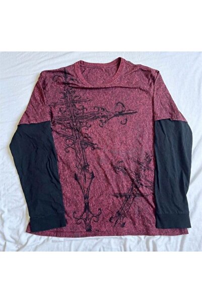 ARS Butik Gothic Punk Vintage Black Long Sleeve Burgundy Tribal Unisex Tshirt