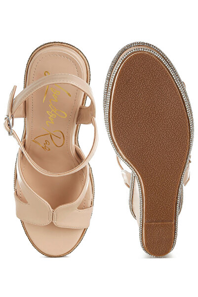 london Rag Women Rhinestones Embellished Wedge Sandals in Beige